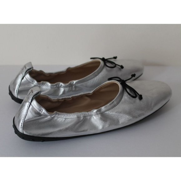 TOD'S Leather Ballerina Flat Silver Size 38/ US 8 Bow - Picture 5 of 10